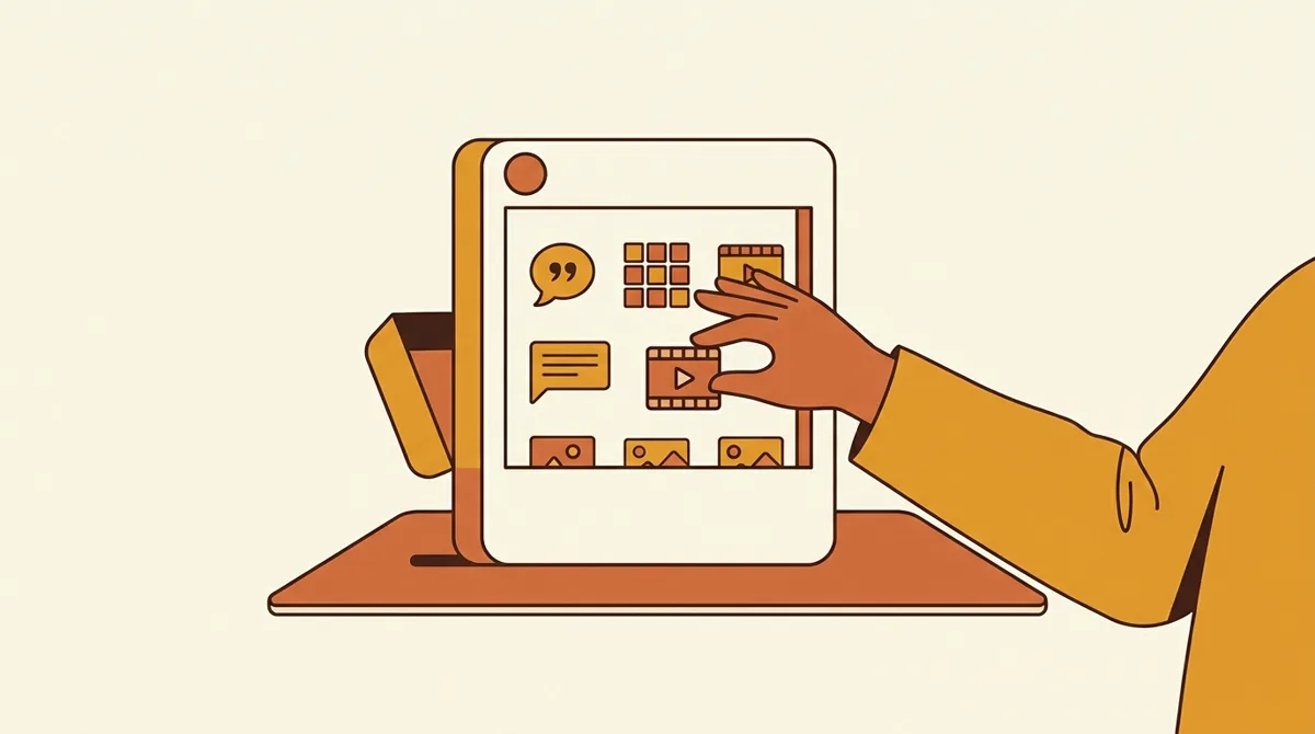 A hand reviewing an Instagram profile grid surrounded by AI creation tools