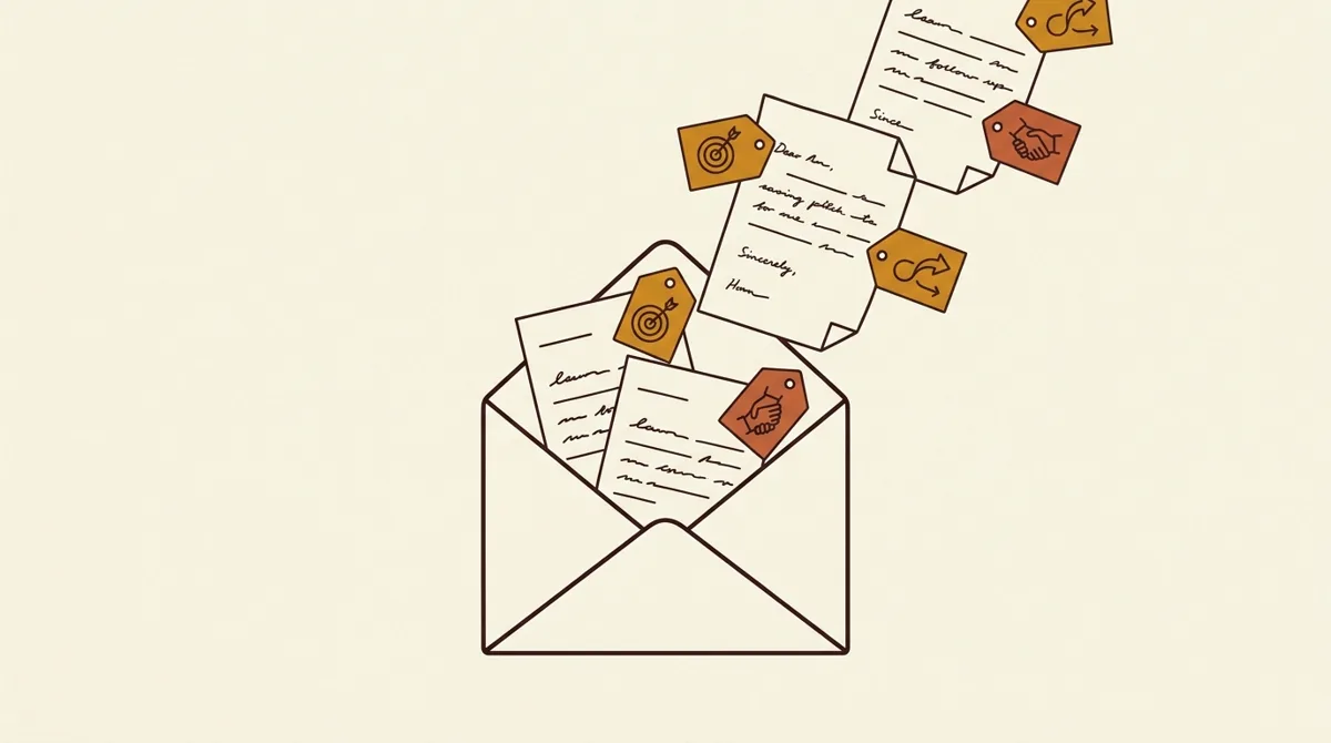 A sequence of outreach emails and replies moving through an open envelope