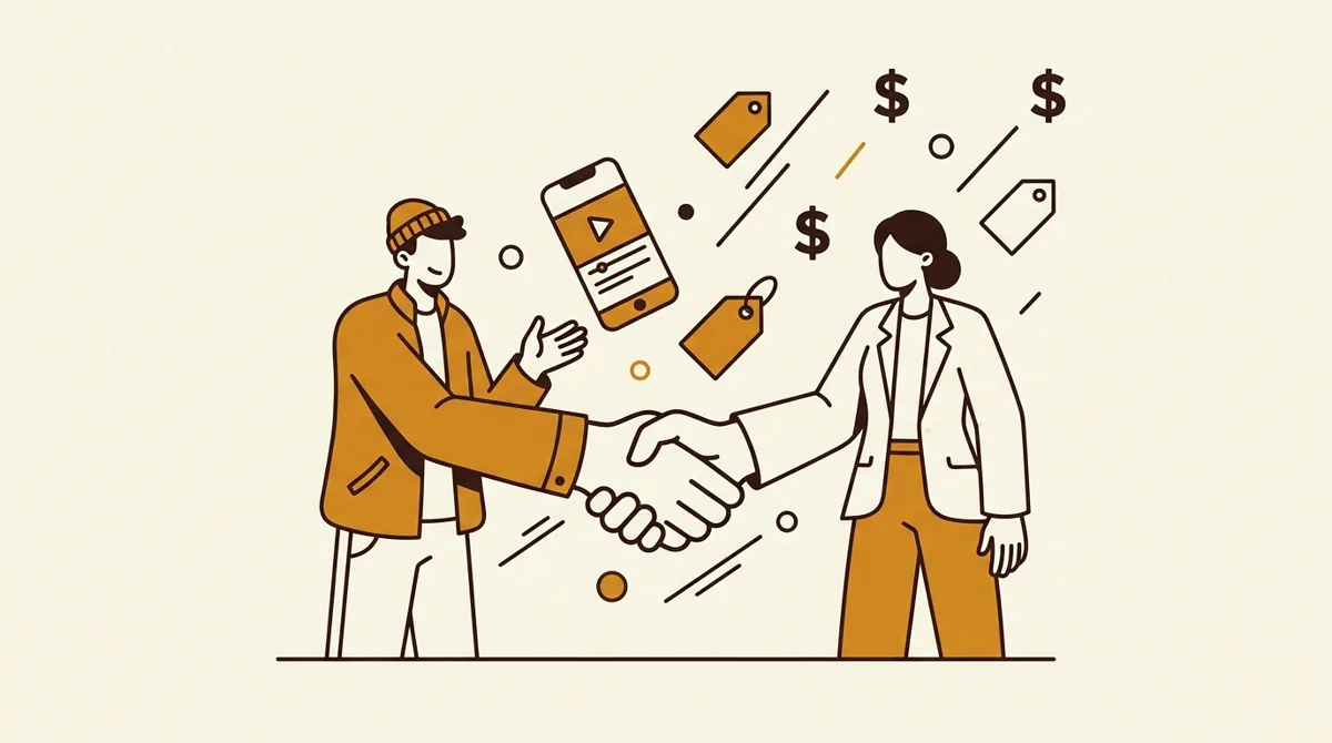 A creator and brand representative shaking hands over a paid campaign agreement