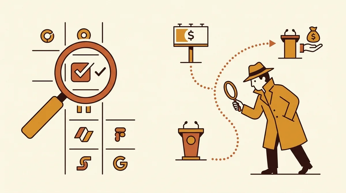 A creator researching potential brands with a magnifying glass and outreach shortlist